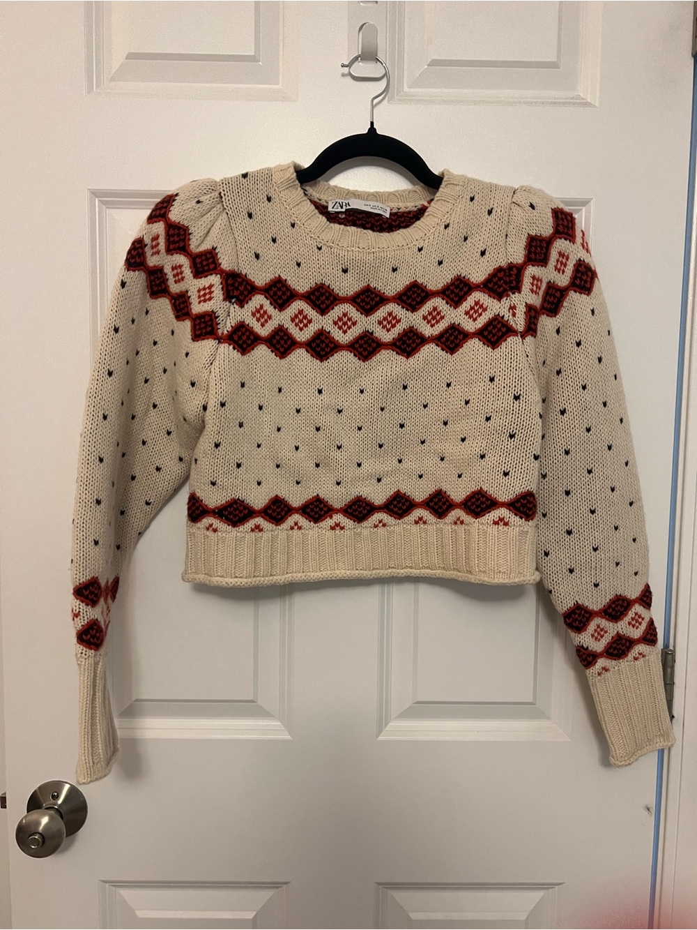 Zara Cream Fair Isle Knit Sweater with Red Accents